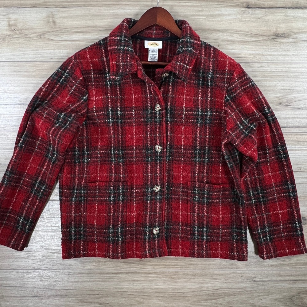 Talbots Womens Red Black Plaid Button Shacket Coat Size Lrg Pockets Vintage